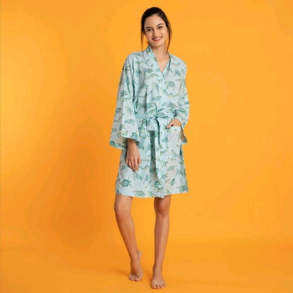 Mahogany Turtle Print Cotton Robe Size S Light Green Kimono Dressing Gown - Picture 3 of 11